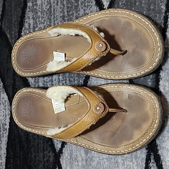 UGG LEATHER SHEEPSKIN BUTTON LOGO SANDALS - Picture 2 of 12